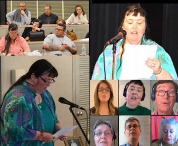 Collage of Helena Carnes-Jeffries doing service as Feast recorder, poet, virtual choir member, &  devotional reader